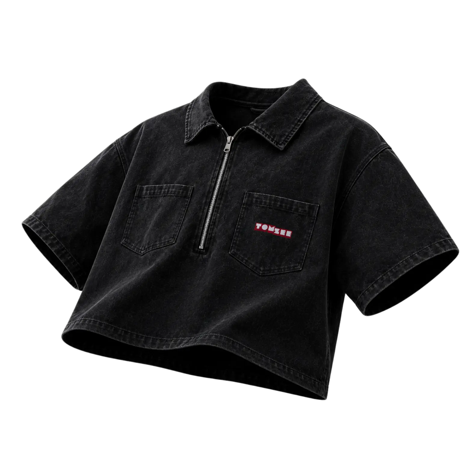 Black washed short sleeve denim shirt with zip collar and TOMZEE logo