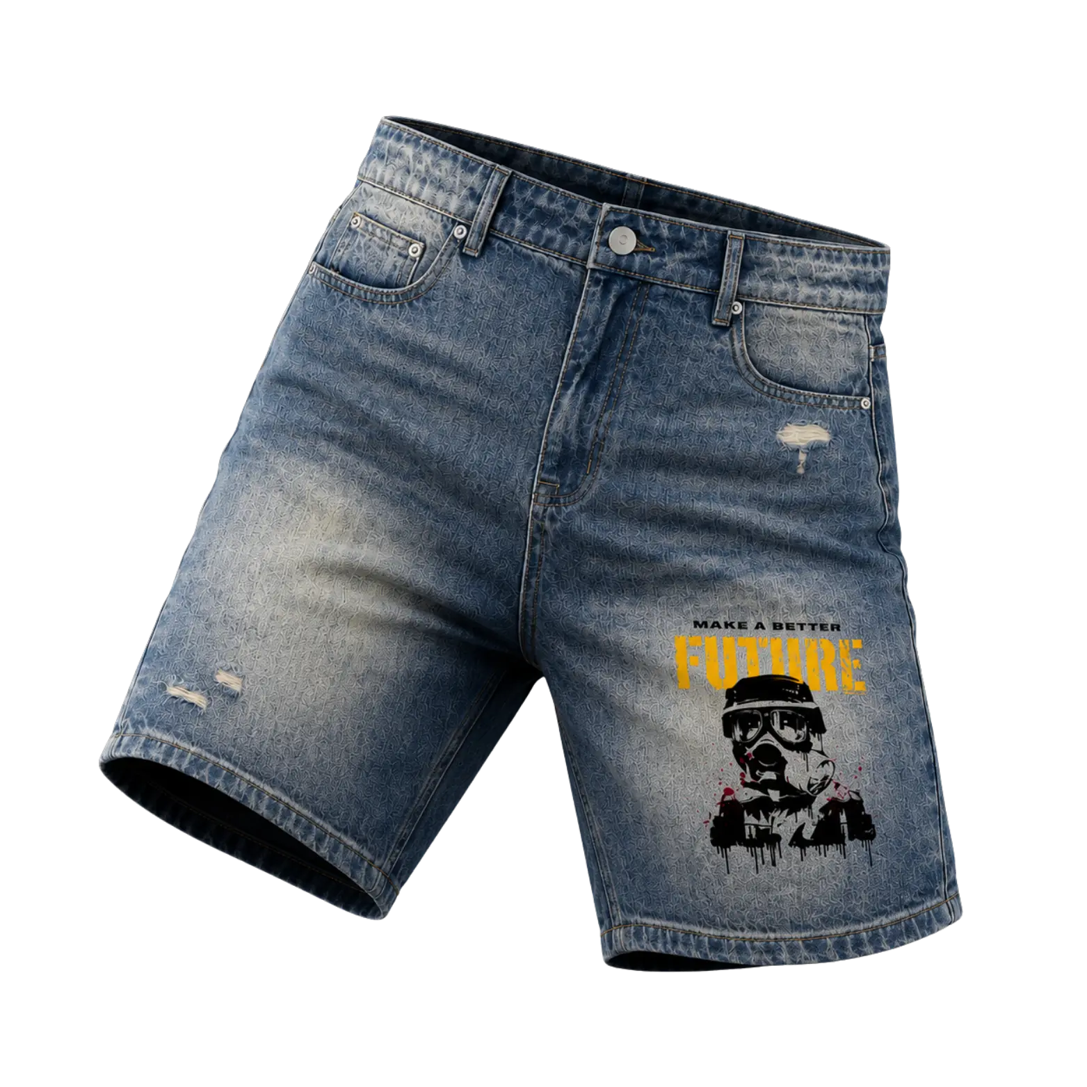 Blue washed denim shorts with graphic print and distressed details