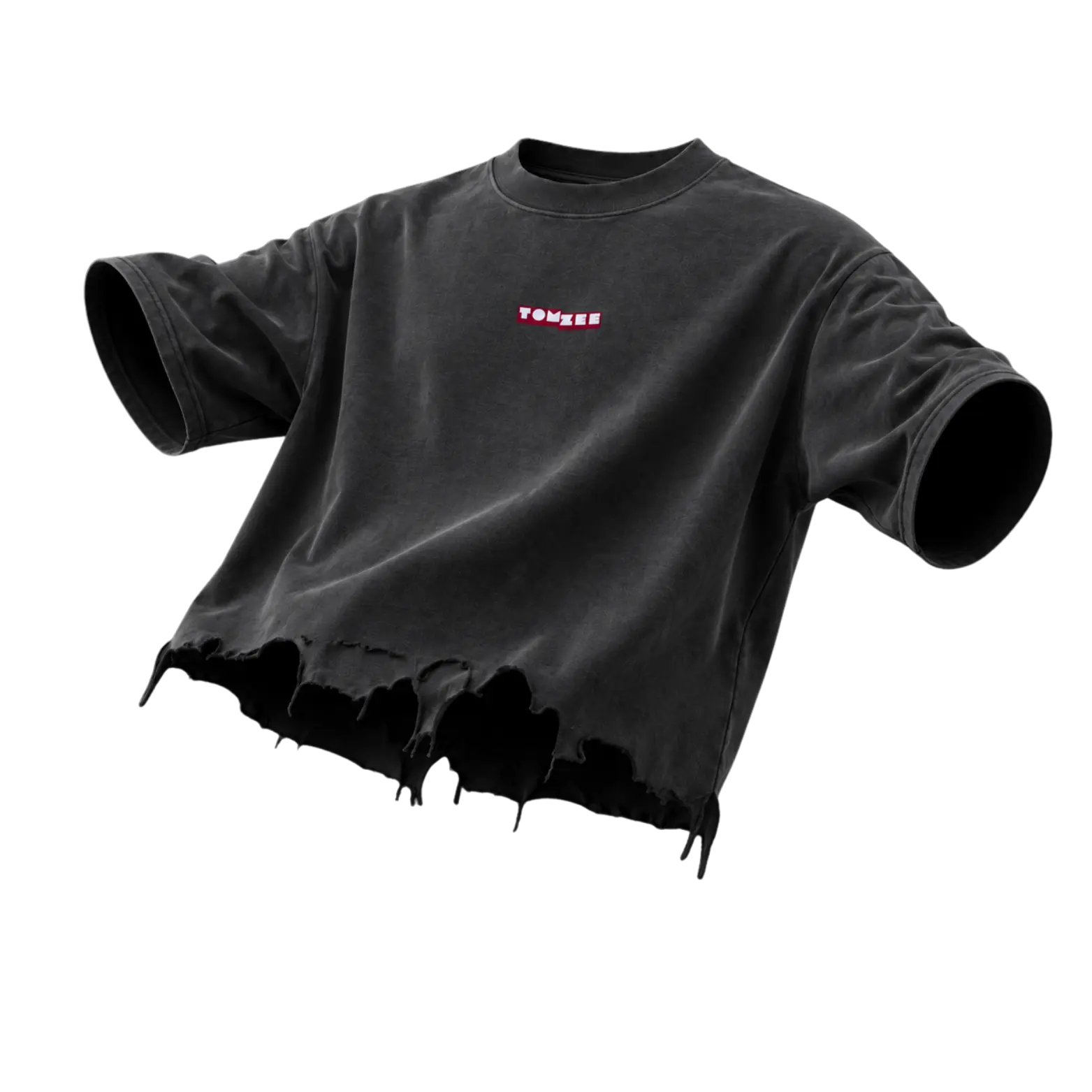 Dark grey oversized distressed T-shirt with small TOMZEE logo